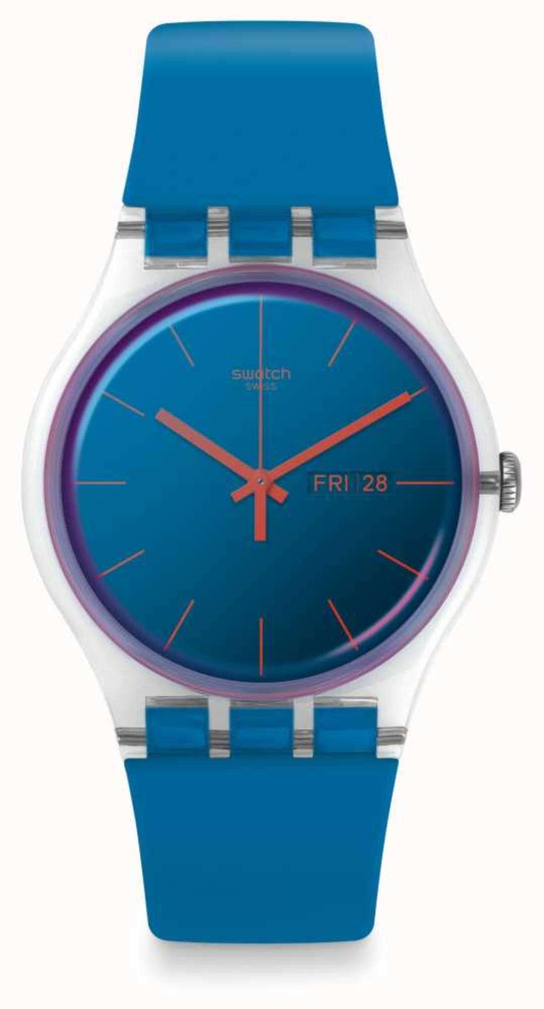Swatch round blue dial watch with orange hands and date window, blue silicone strap