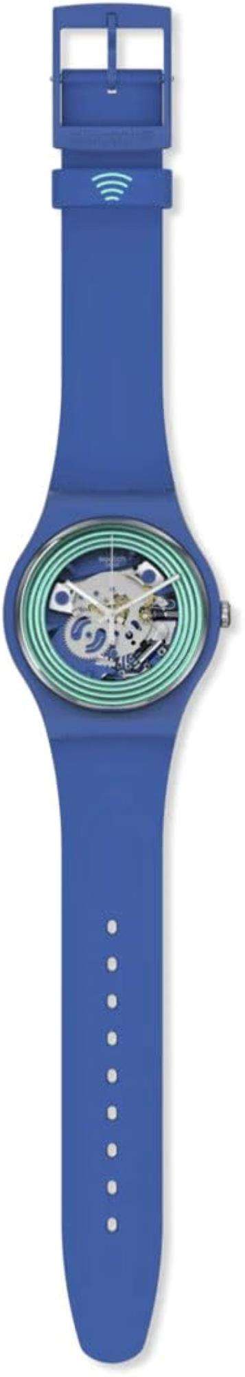 Blue silicone watch strap with buckle and transparent dial view, green ring details