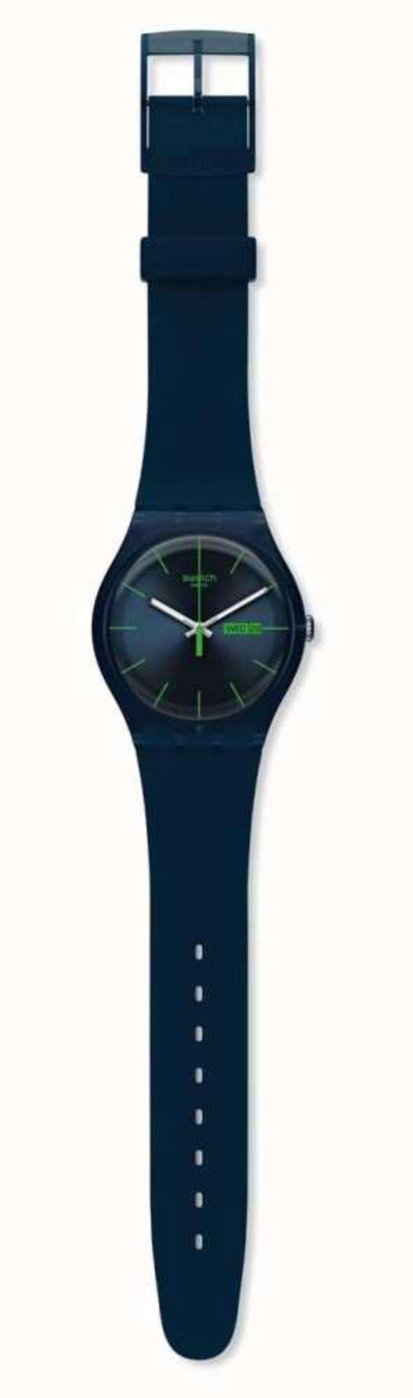 Swatch New Gent men's watch from side, dark blue silicone strap and dark blue case
