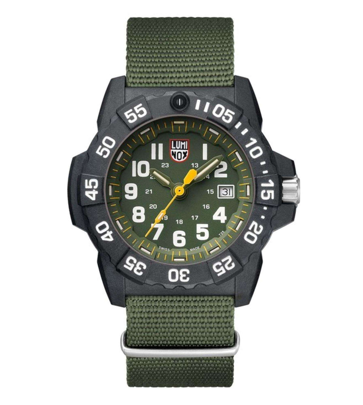 Men's military-style wrist watch with green dial and date window, black case, olive strap