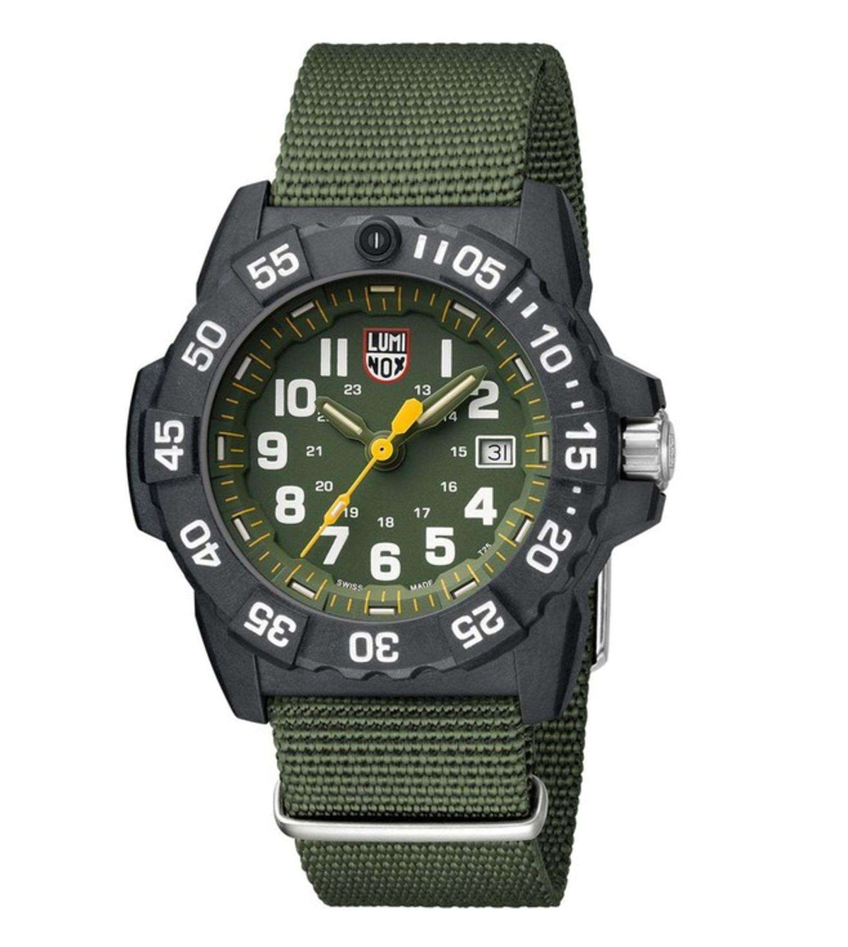 Men's military-style wrist watch with green dial and olive fabric strap, black bezel