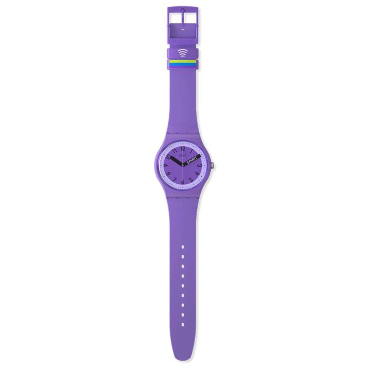Violet silicone watch with buckle clasp and round purple face, side view.