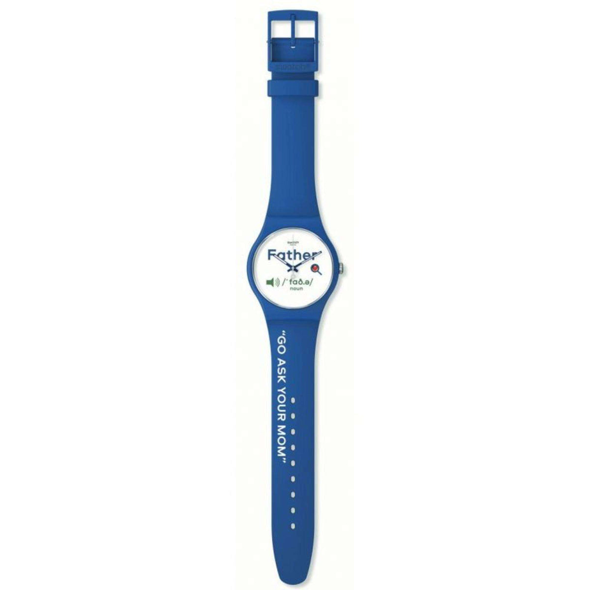 Blue silicone Swatch watch with white dial and Father graphic, side view.