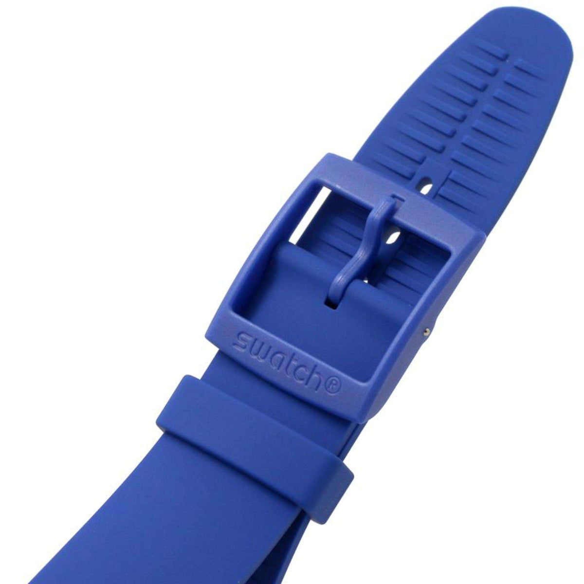 Blue silicone Swatch watch strap buckle detail with ridged band section.