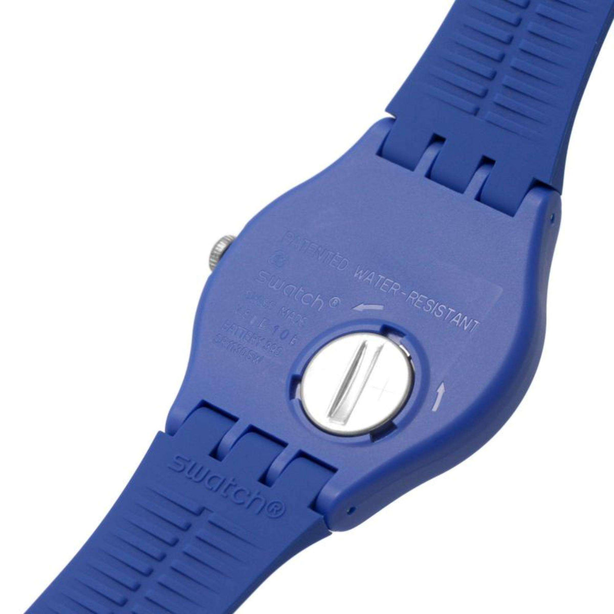 Blue silicone Swatch watch clasp and back markings, silver-tone dial insert.