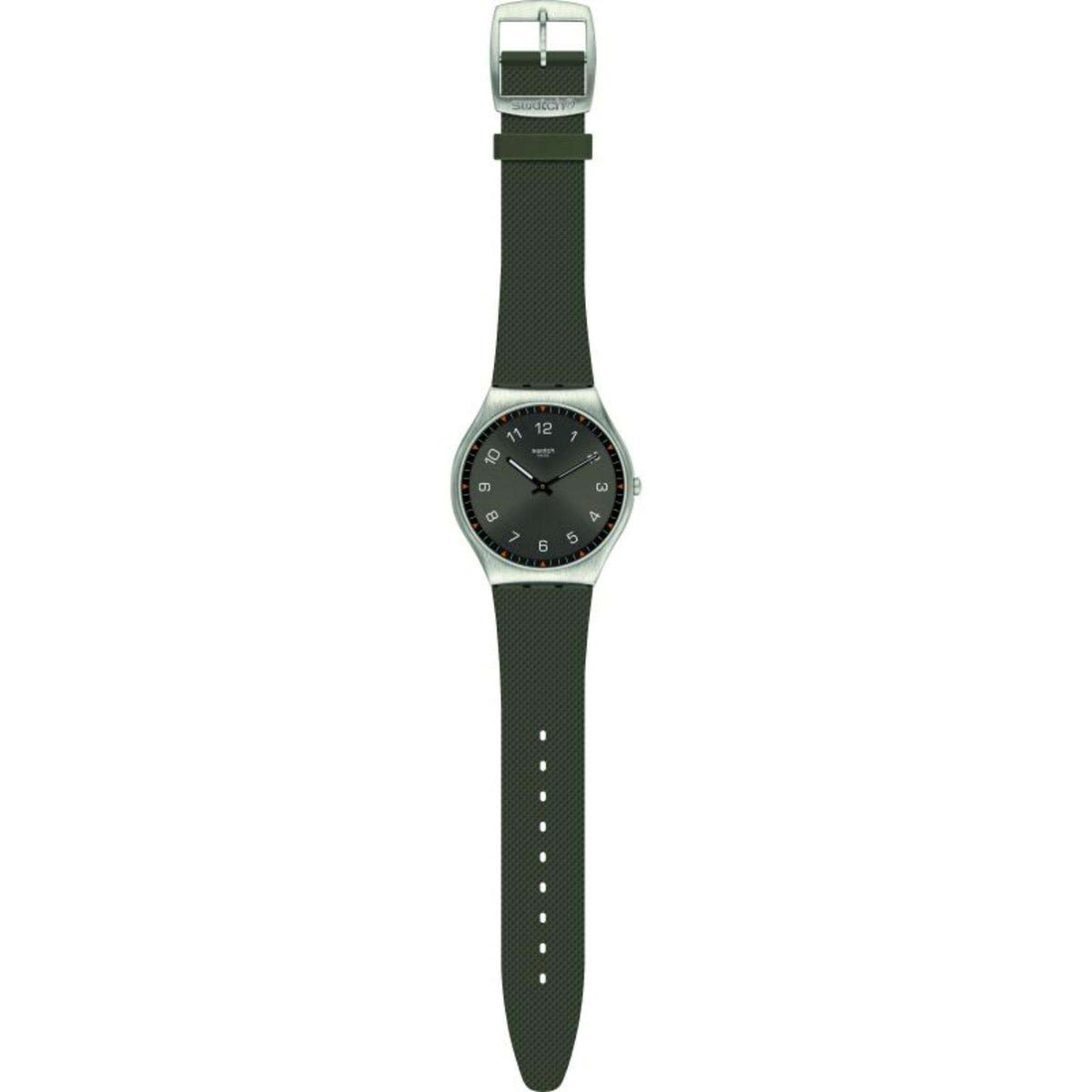 Men's wristwatch side view with dark green strap and round black dial with orange ticks