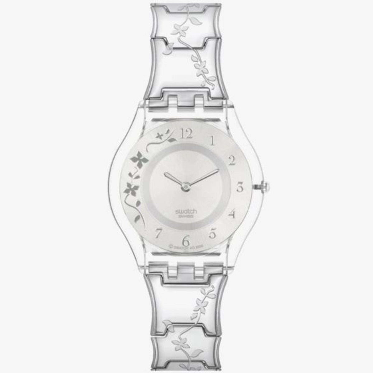 Silver-tone wristwatch with floral patterned bezel and link metal bracelet