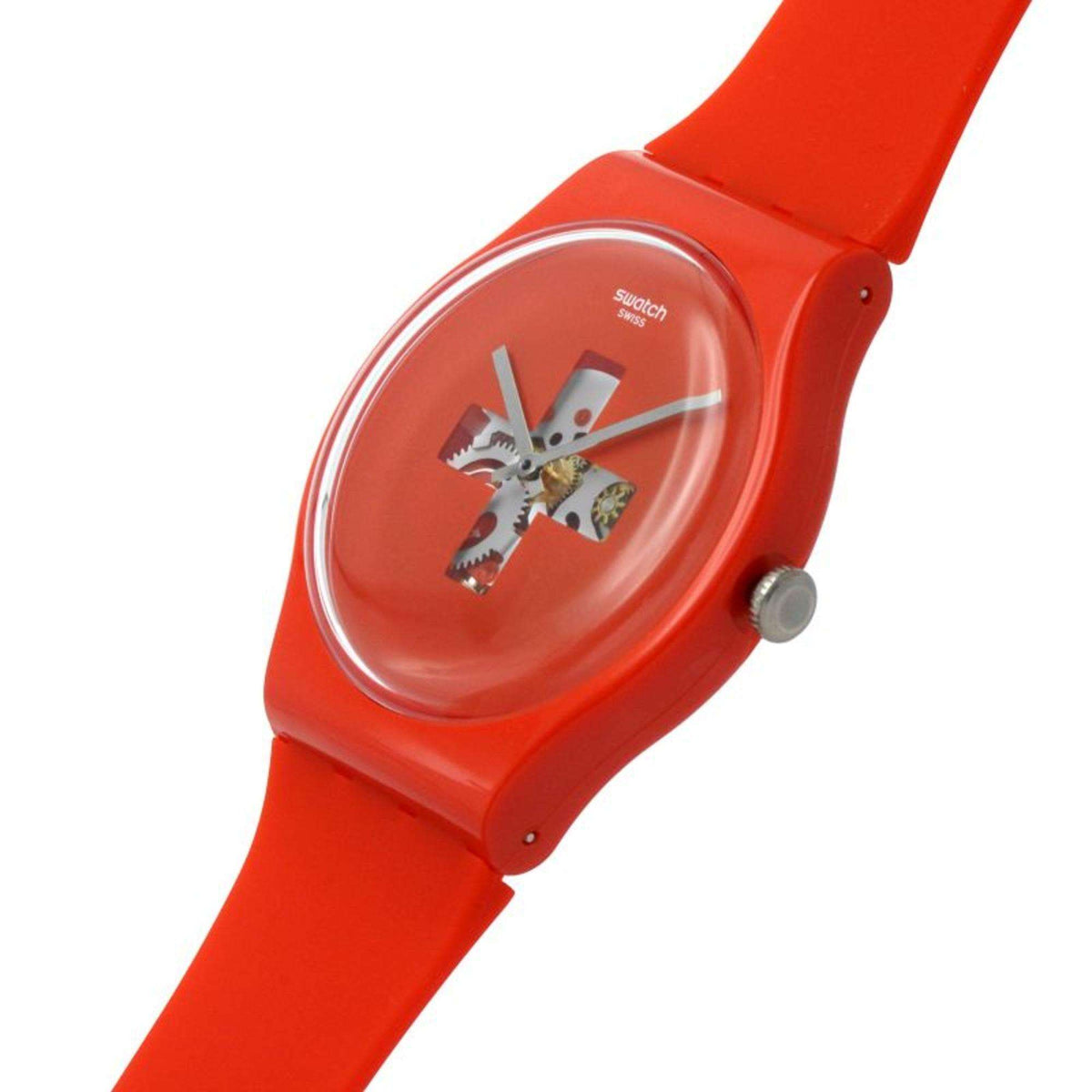 Red Swatch men's watch in angled view, round dial with cross graphic and side crown.