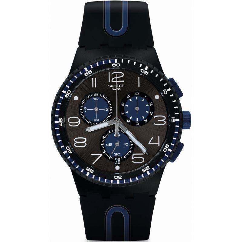 Men's black chronograph watch with blue dial subdials and silicone strap