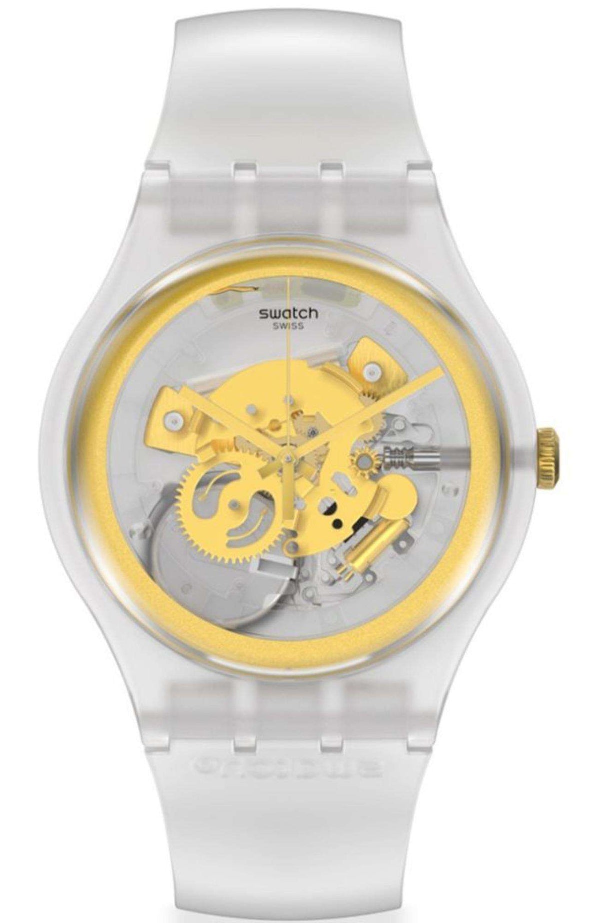 Transparent dial silicone watch with yellow-gold exposed mechanism and gold hands