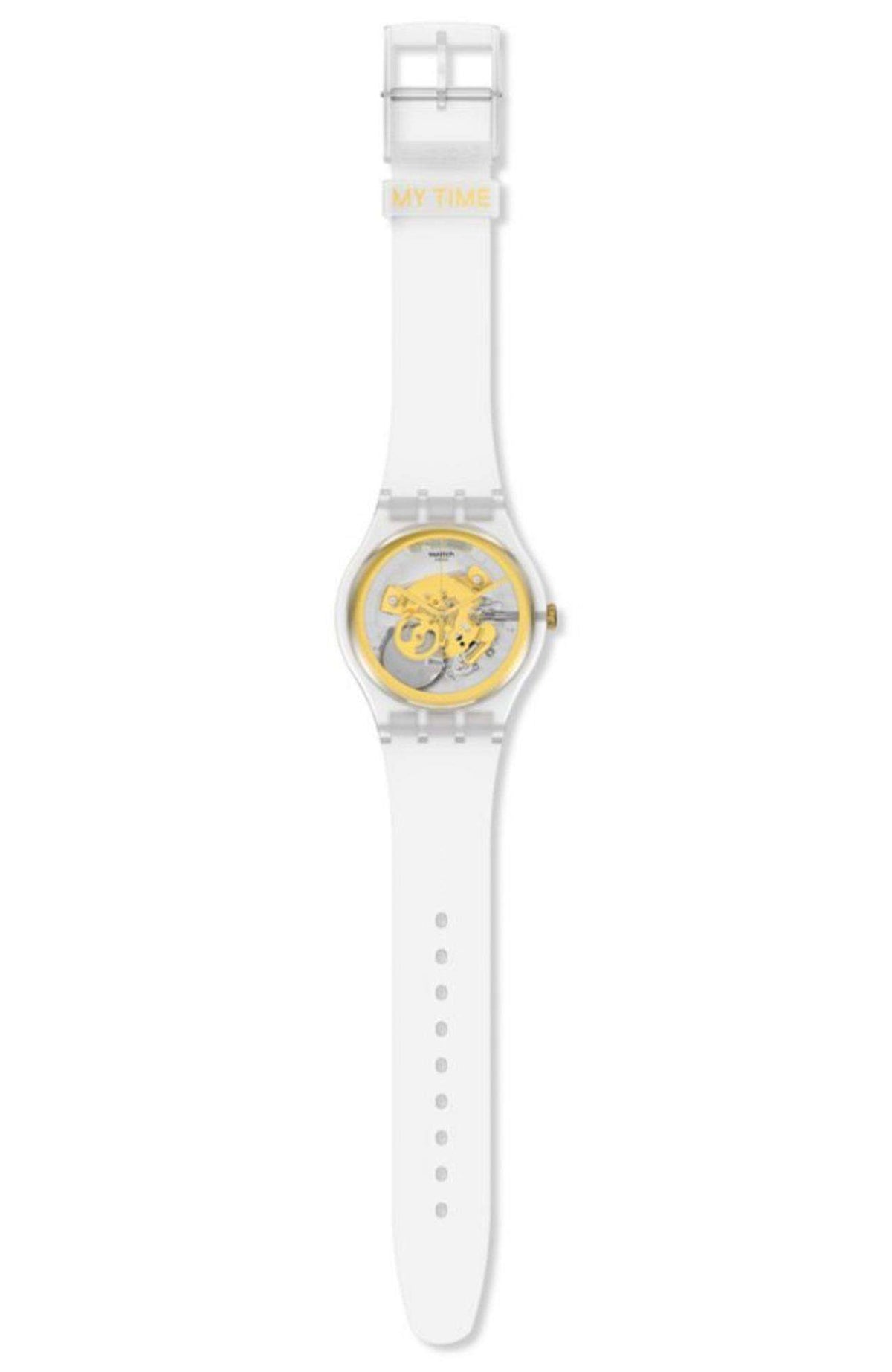 Transparent dial silicone watch, side view with buckle and exposed yellow-gold mechanism