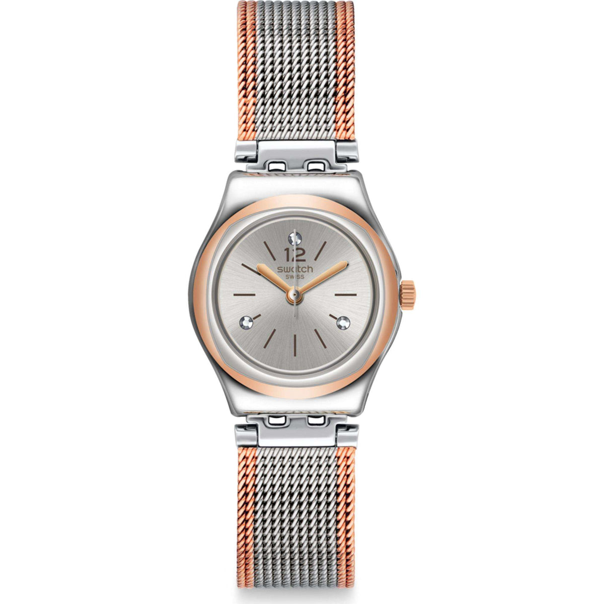 Ladies silver-tone watch with round dial, orange/gray mesh band, gold markers