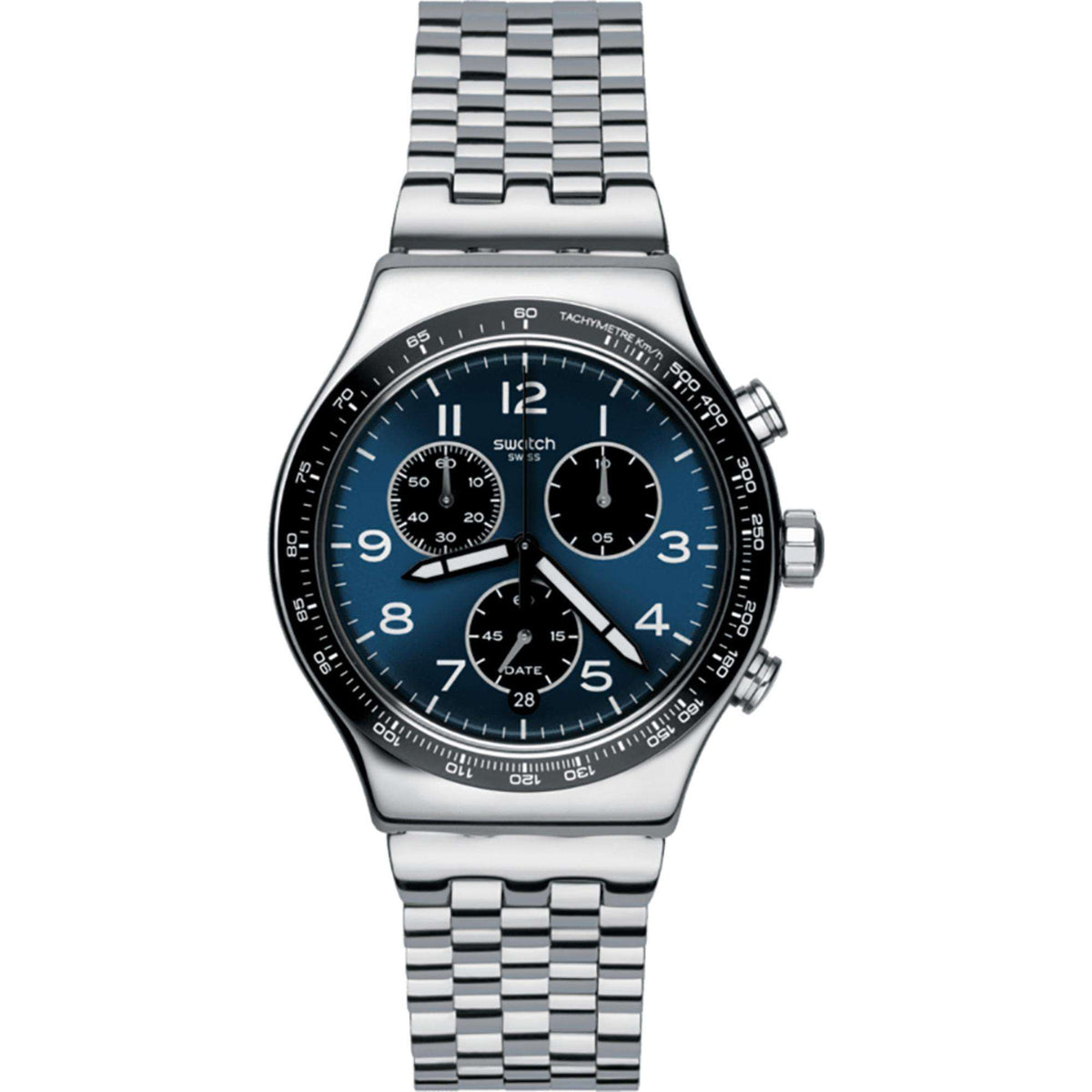 Men's chronograph watch with blue dial and steel bracelet, with crown and pushers.