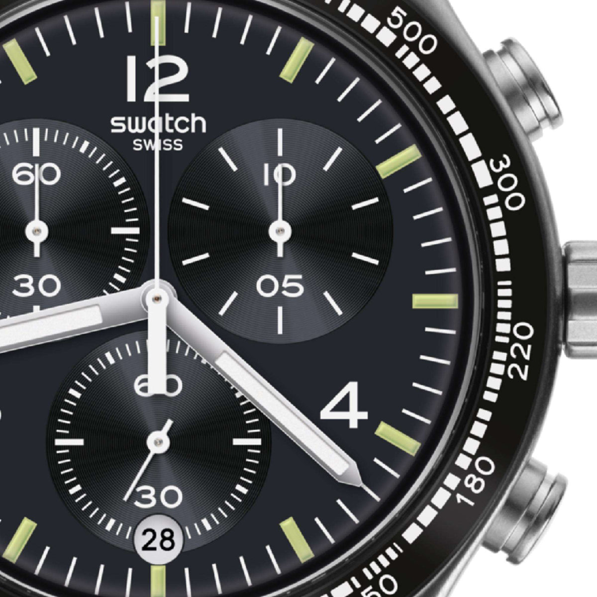 Swatch watch close-up with black dial, lime markers, and three subdial counters