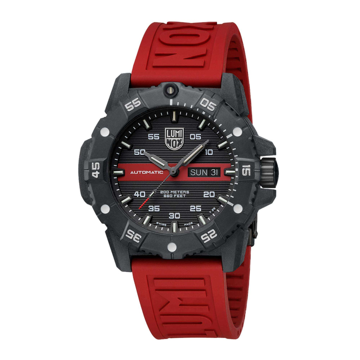 Automatic wristwatch with black dial and red silicone strap, day-date window at 3