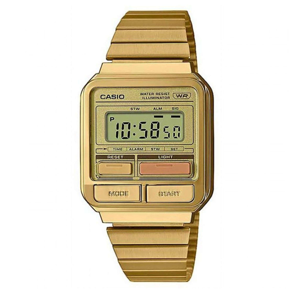 Casio men's gold digital wristwatch with metal bracelet, square LCD display