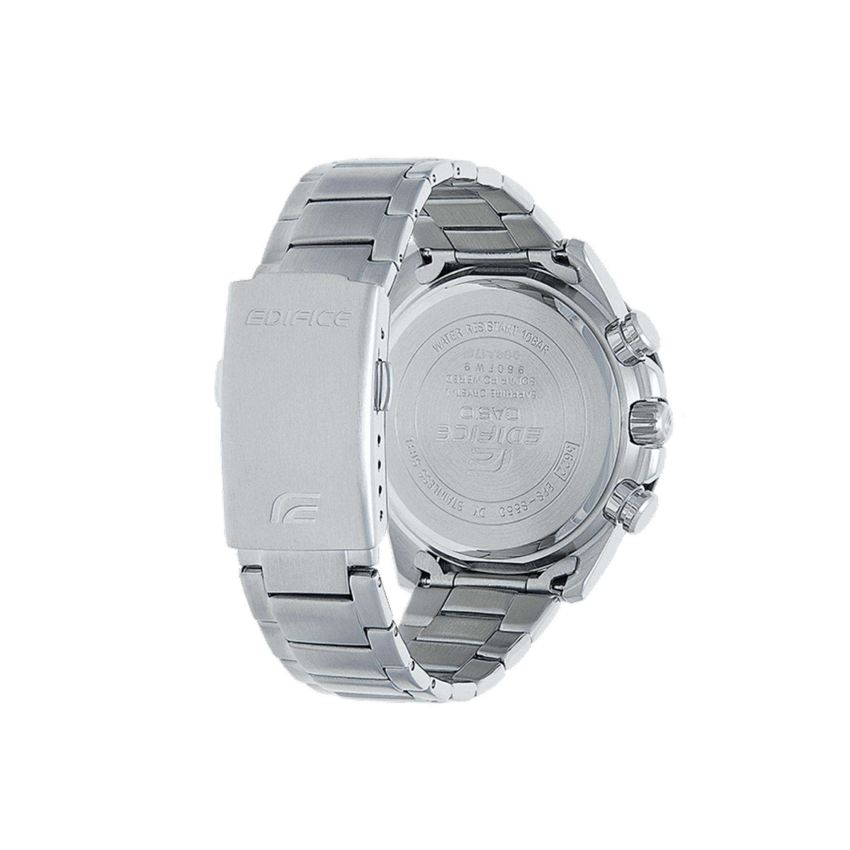 Men's stainless steel watch case back with engraved details and side crown.