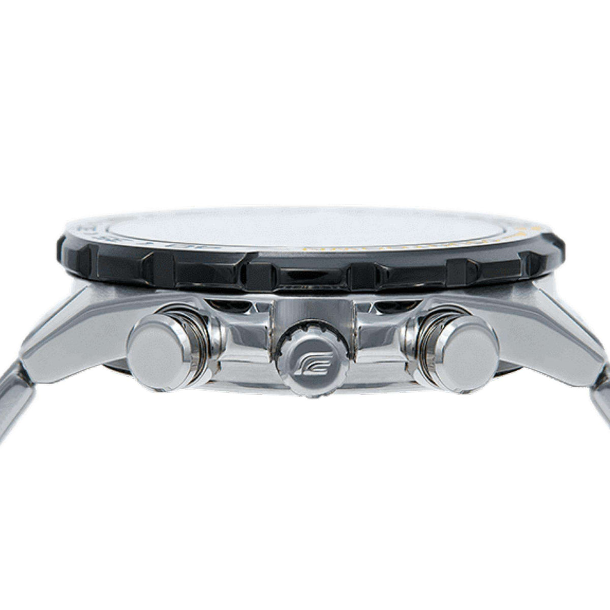 Men's stainless steel watch head with crown and pushers on black-accent bezel.