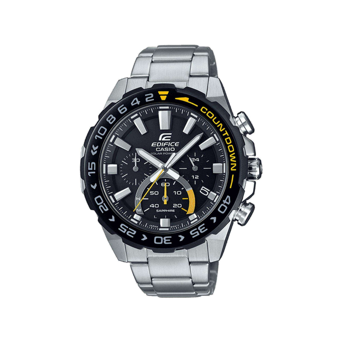 Men's stainless steel chronograph watch with black dial, silver case, and yellow accents.