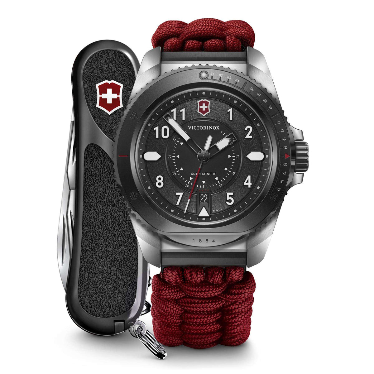 Men’s quartz wristwatch front view with textured black side guard and red paracord strap.