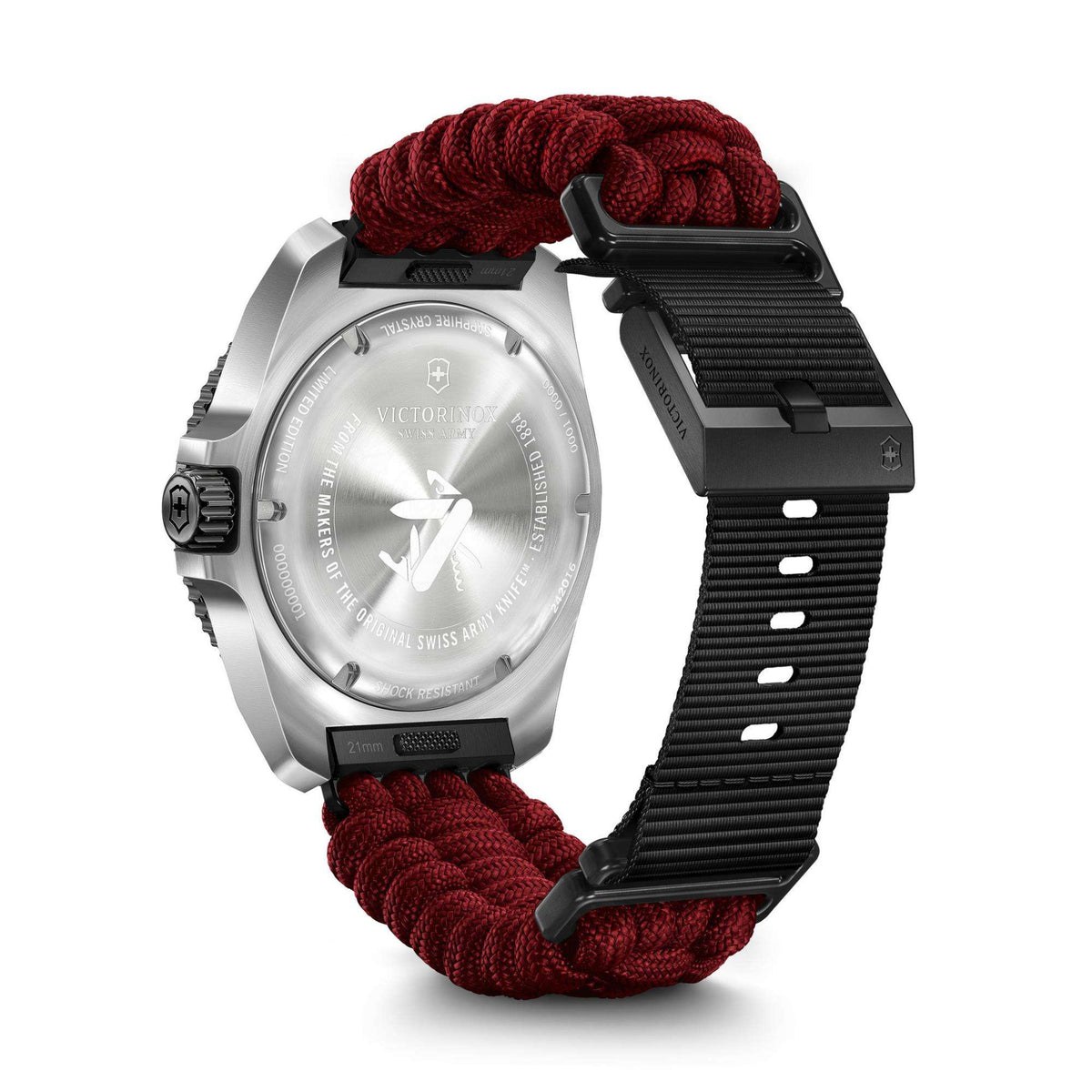 Men’s quartz watch with silver caseback and black bracelet strap, red paracord underneath.
