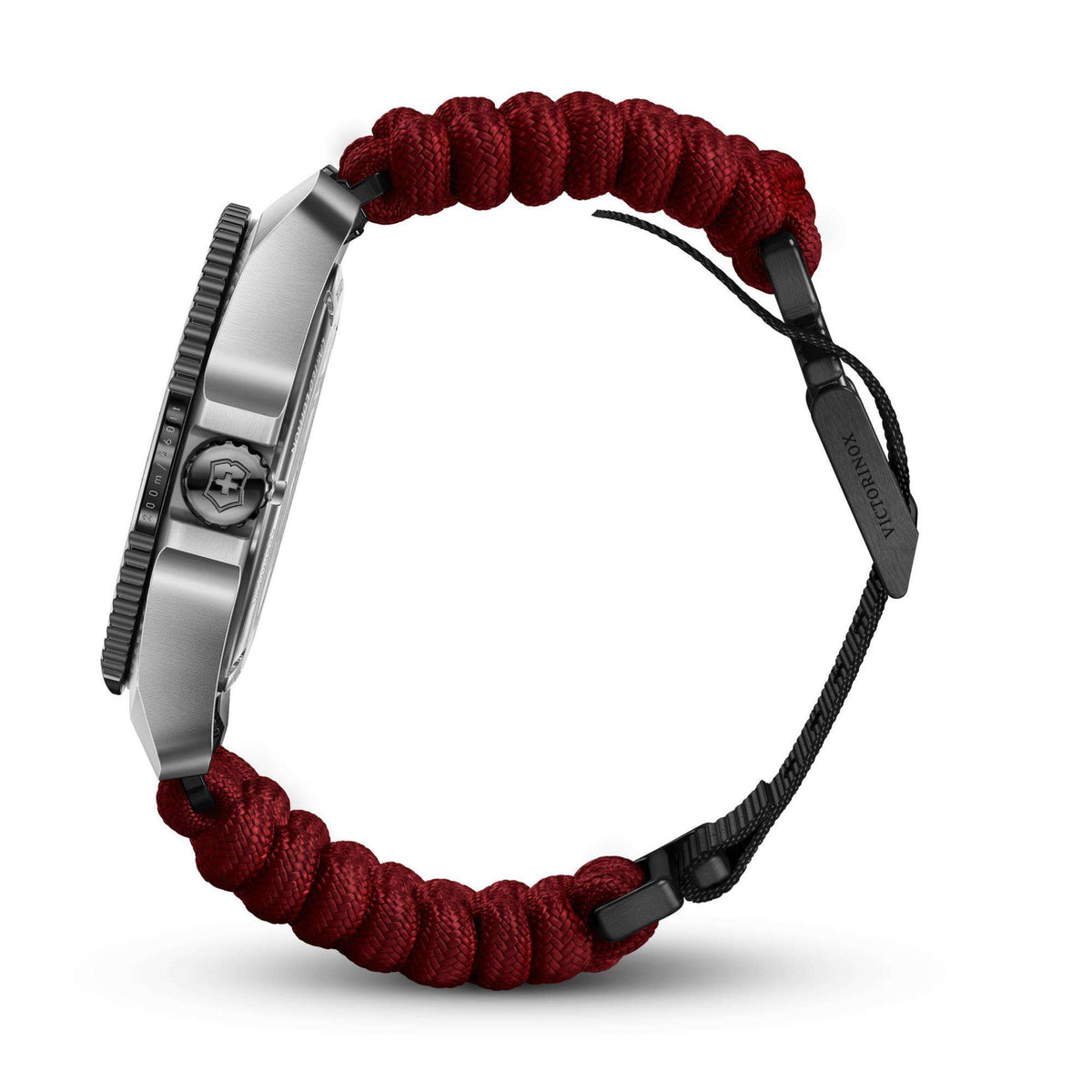 Men’s quartz wristwatch with steel case and red paracord strap seen from the top angle.