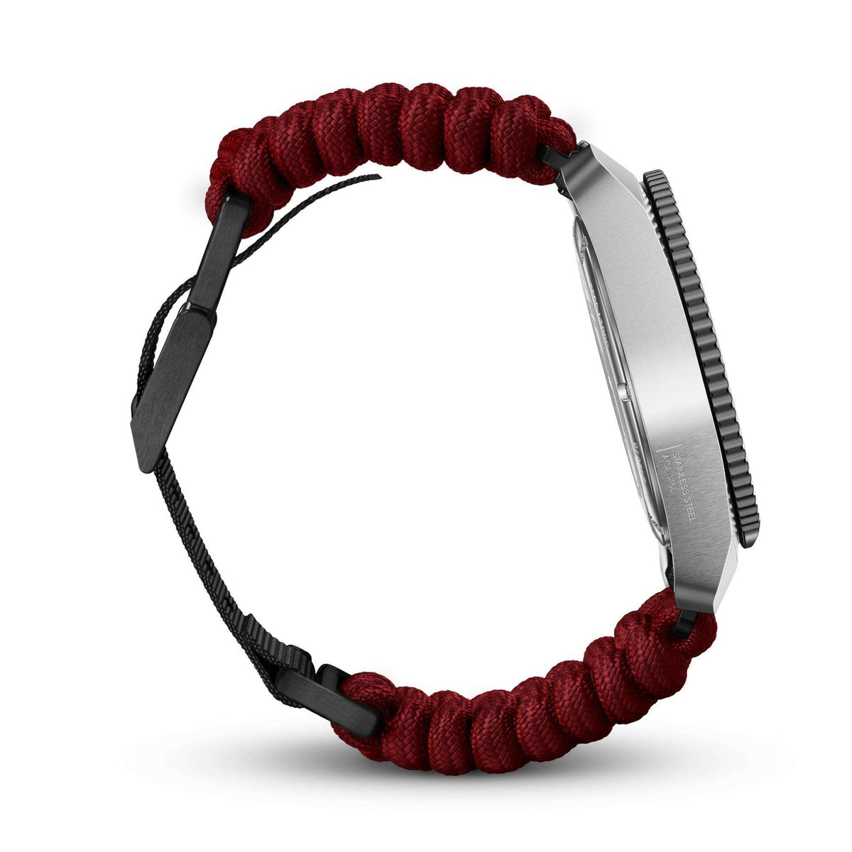 Men’s quartz wristwatch side view with steel bezel, ridged crown, and red paracord strap.
