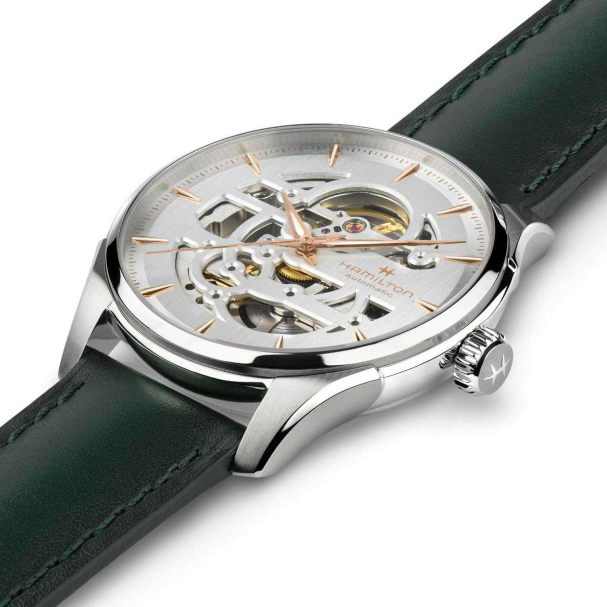 Hamilton H42535810 white skeleton dial with rose gold indices and open movement close-up