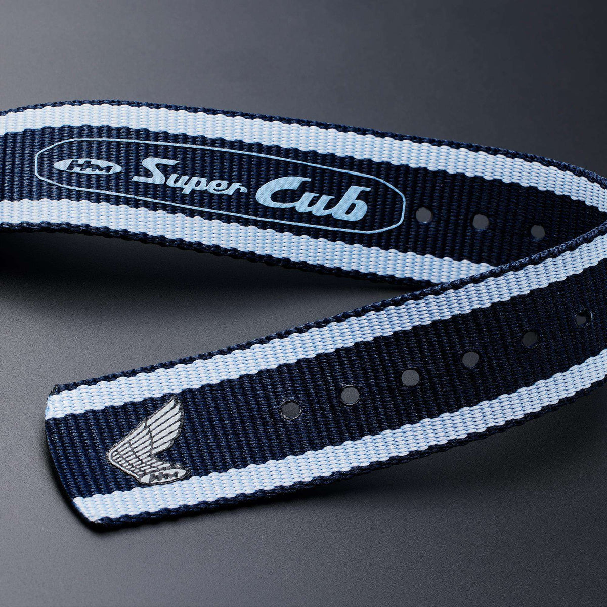 Blue-and-white striped NATO strap with Super Cub logo