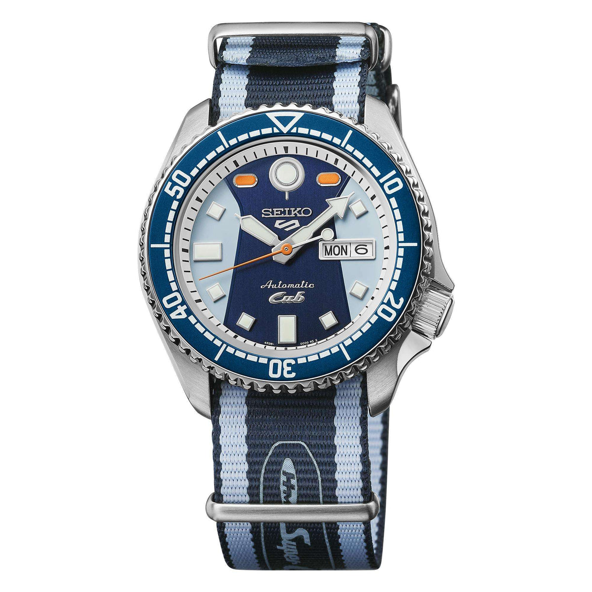 Men's automatic wristwatch with blue dial and blue-white NATO strap