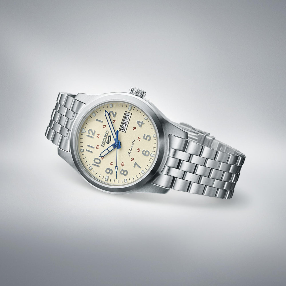 Seiko 5 Sports SRPK41K1 stainless steel bracelet angled studio view