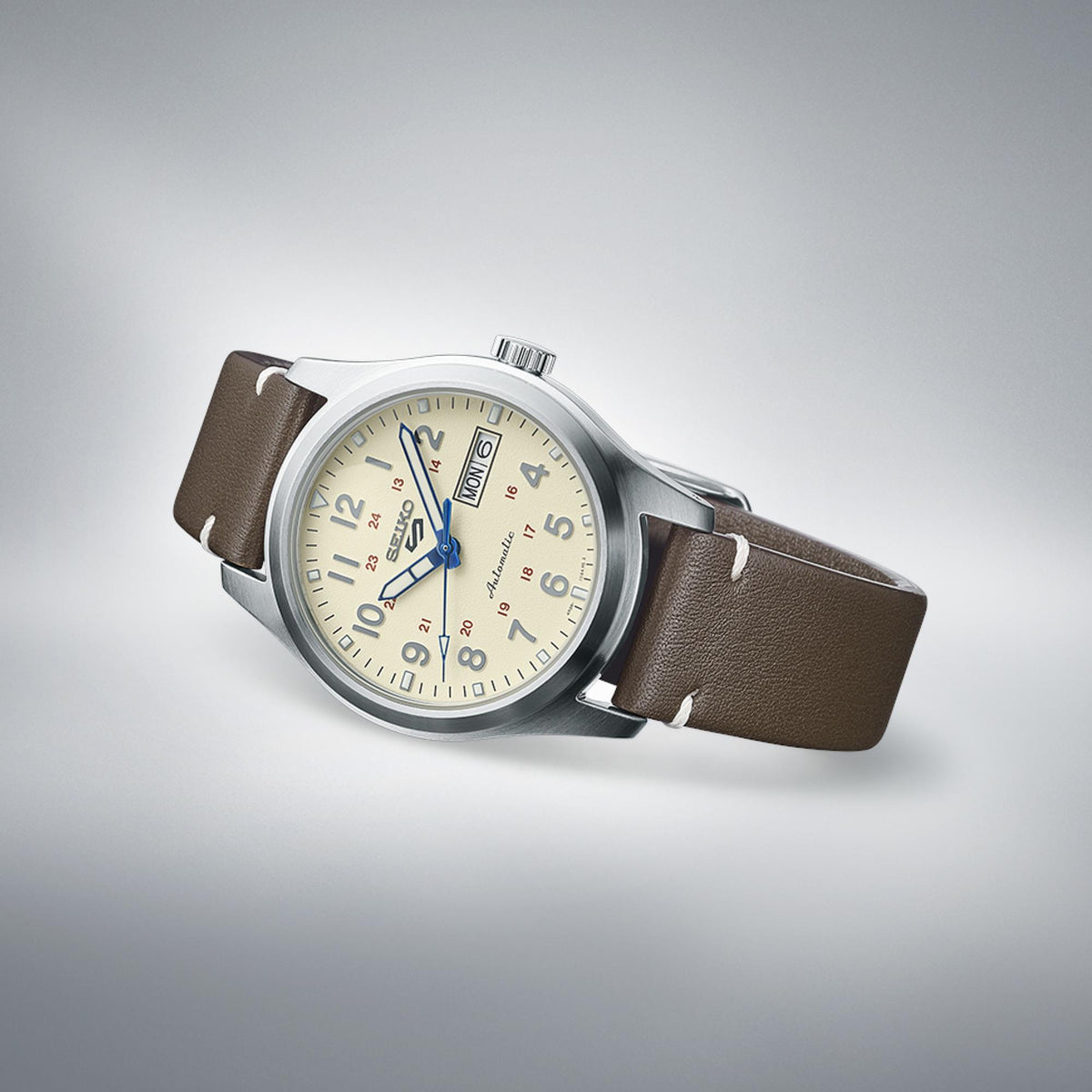 Seiko 5 Sports SRPK41K1 brown leather strap angled studio view