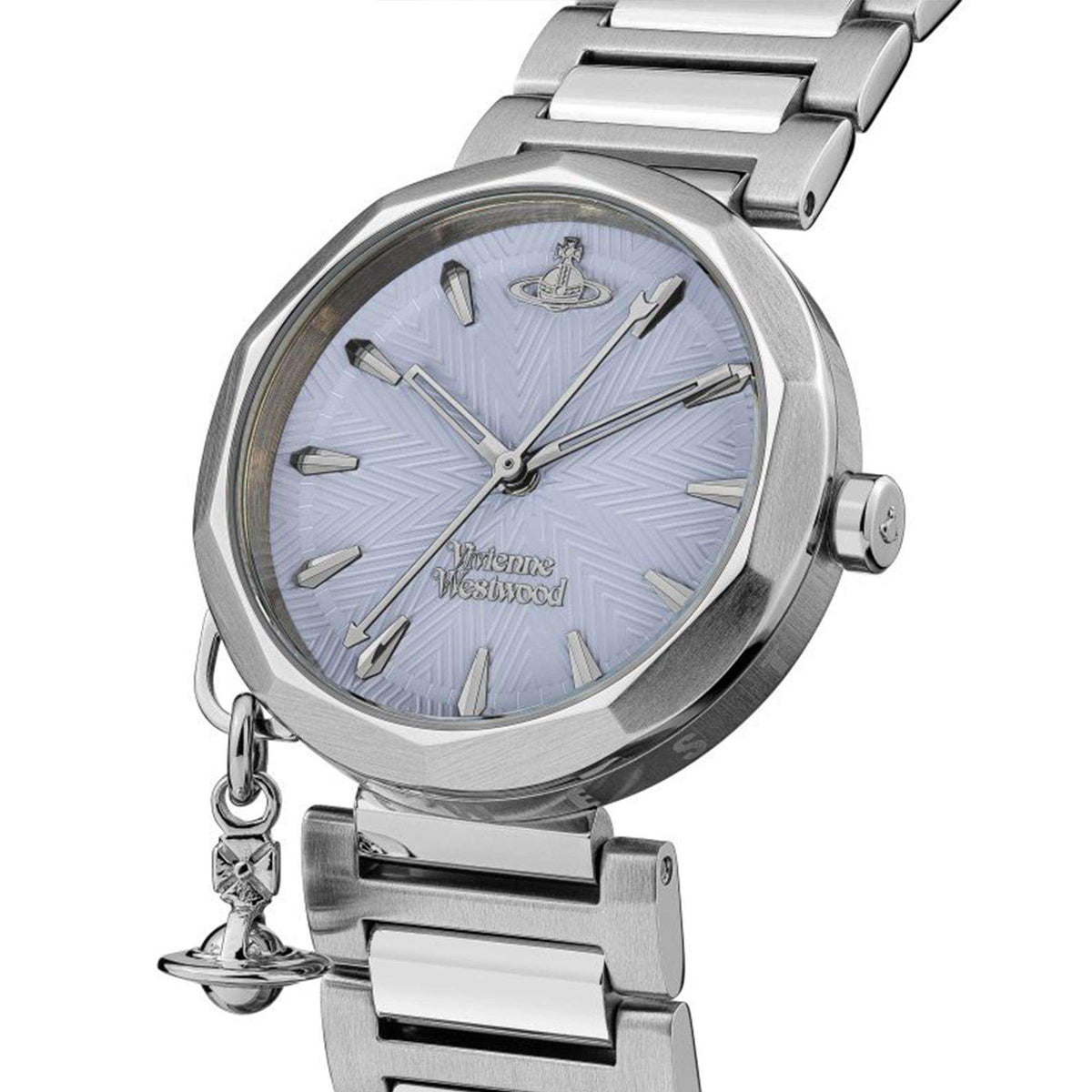 Vivienne Westwood Poplar quartz watch angled view, blue textured dial and steel bracelet.