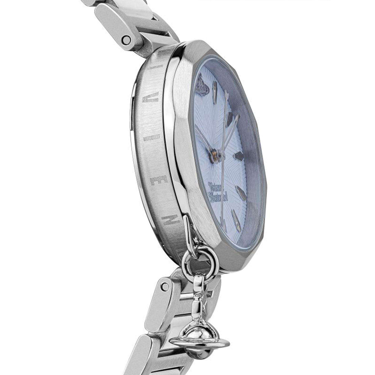 Vivienne Westwood Poplar quartz watch side view with blue dial and steel bracelet charm.