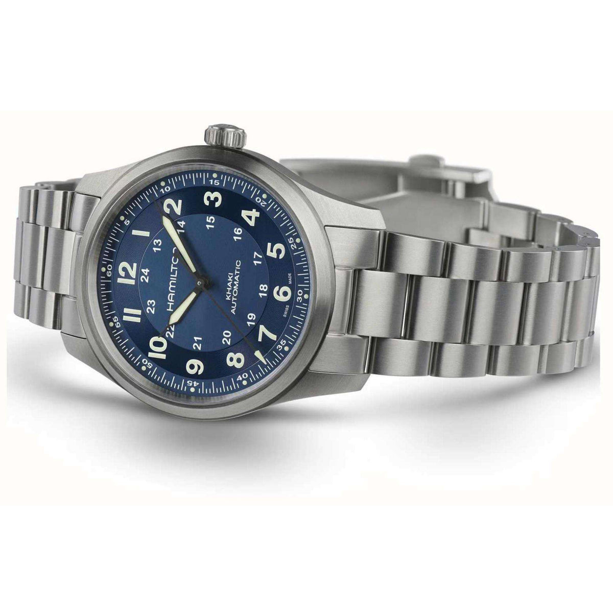 Hamilton Khaki Field Automatic watch with a blue dial and stainless steel bracelet