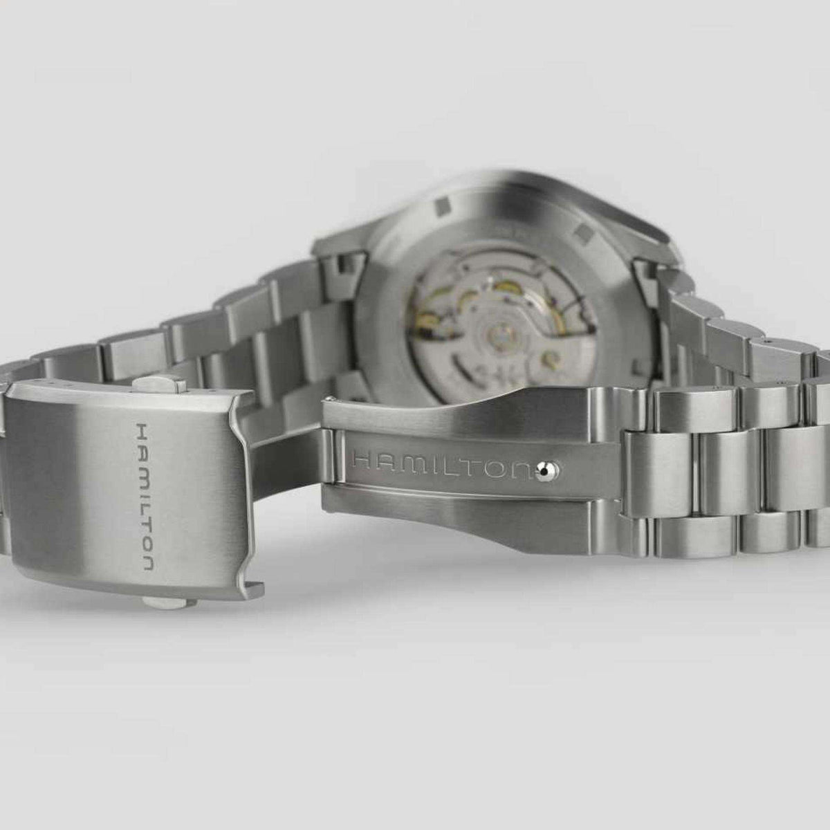 Open folding clasp of a Hamilton stainless steel watch bracelet