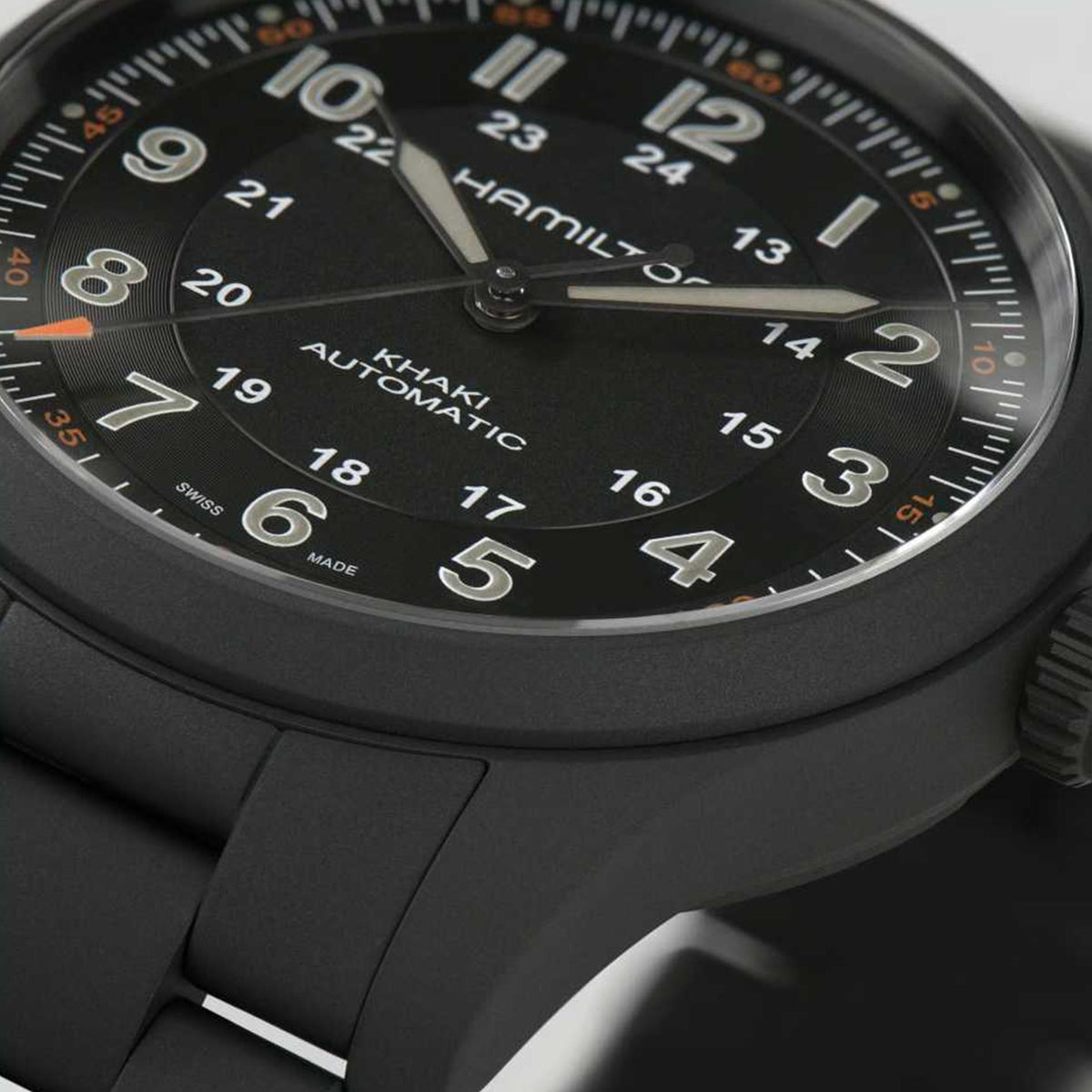 Hamilton Khaki Field H70215130 matte black dial with Arabic numerals and 24-hour inner track close-up