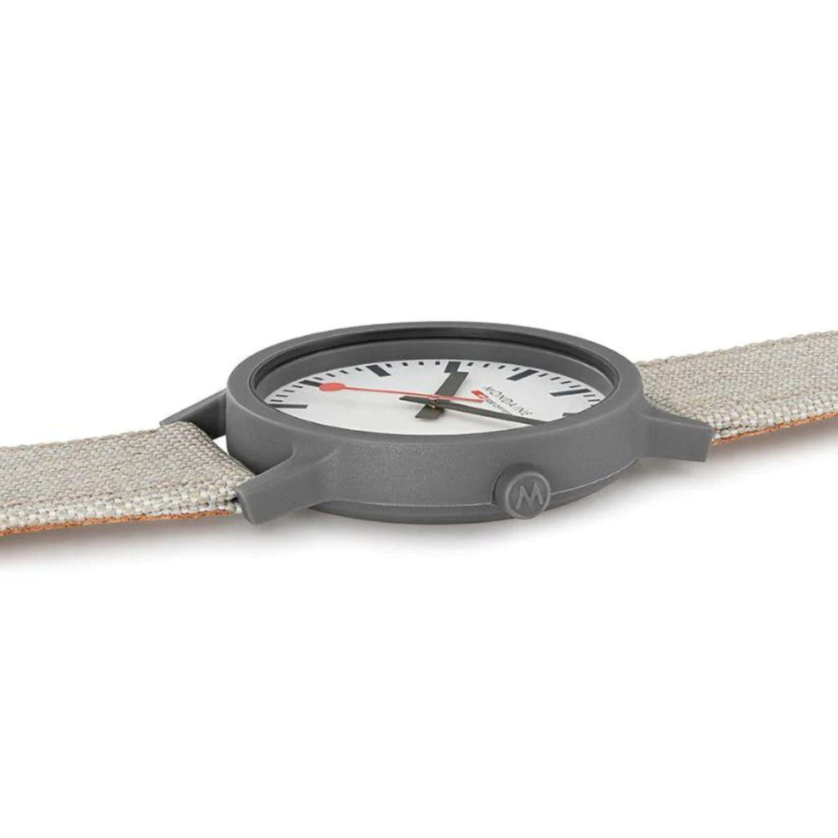 Unisex quartz watch profile with white dial and grey textile strap, dark grey case.