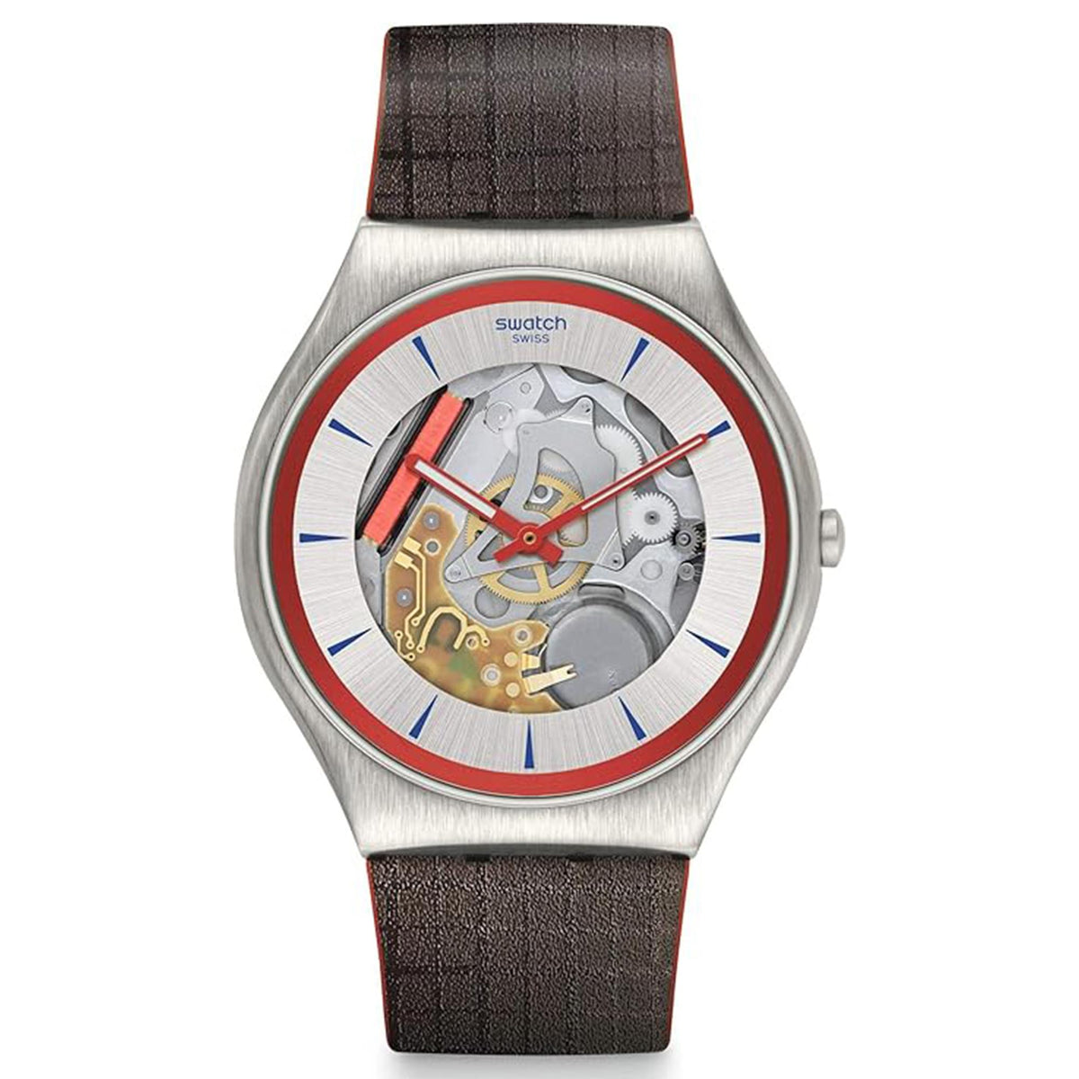 Silver-tone skeleton dial wristwatch with red bezel and dark brown leather strap.