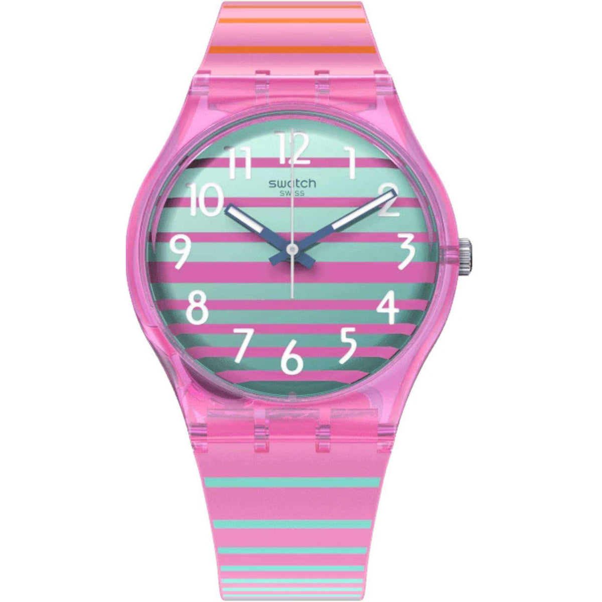 Unisex quartz watch with pink striped silicone strap and multicolor striped dial, three hands