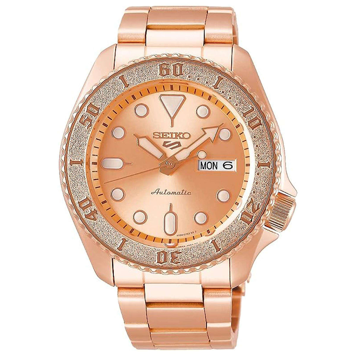 Men's rose gold automatic watch with peach dial, textured bezel, day-date at 6