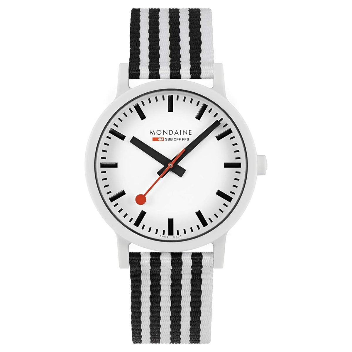 Mondaine Essence quartz dial watch, white face with red accents, black striped strap