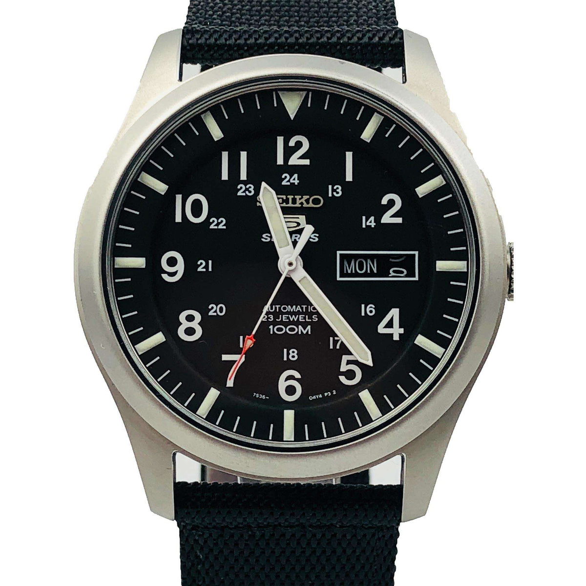 Seiko 5 Sports Military SNZG15K1 black dial direct front view