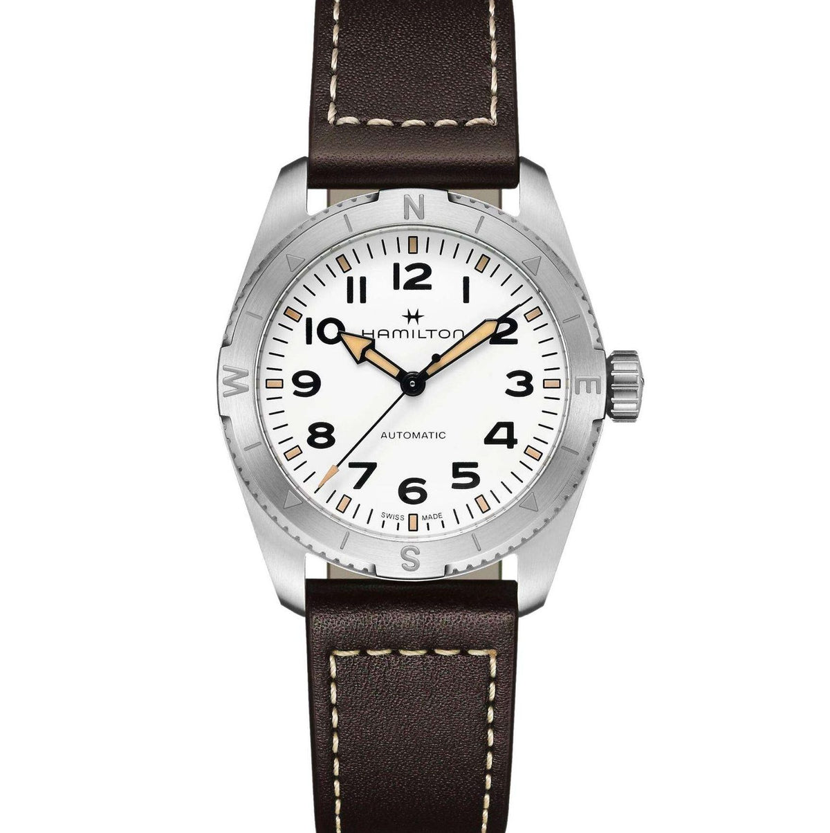 Hamilton Khaki Field Expedition auto white dial brown leather strap men's watch H70225510 front view 