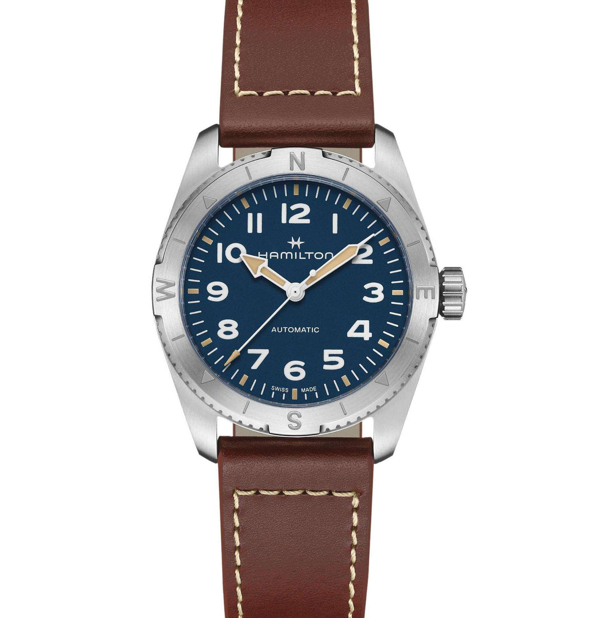 Hamilton Khaki Field Expedition 41mm blue dial leather automatic watch H70315540 front view