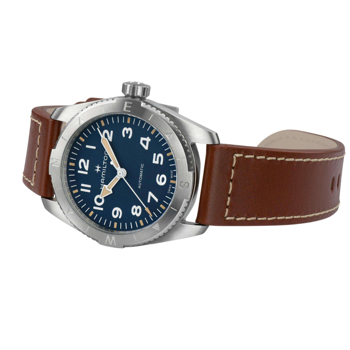 Hamilton Khaki Field H70315540 41mm blue dial brown leather strap detail