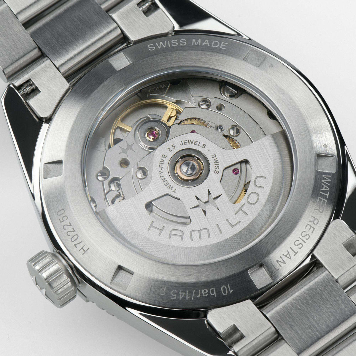 Hamilton H70225130 stainless steel bracelet and exhibition caseback detail