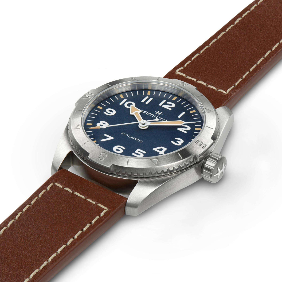 Hamilton Khaki Field 37mm  Expedition automatic watch with a blue dial, compass bezel and brown leather strap