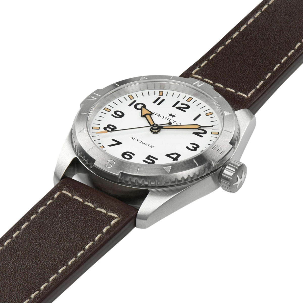 Automatic men's field watch with white dial, brown leather strap, stainless case