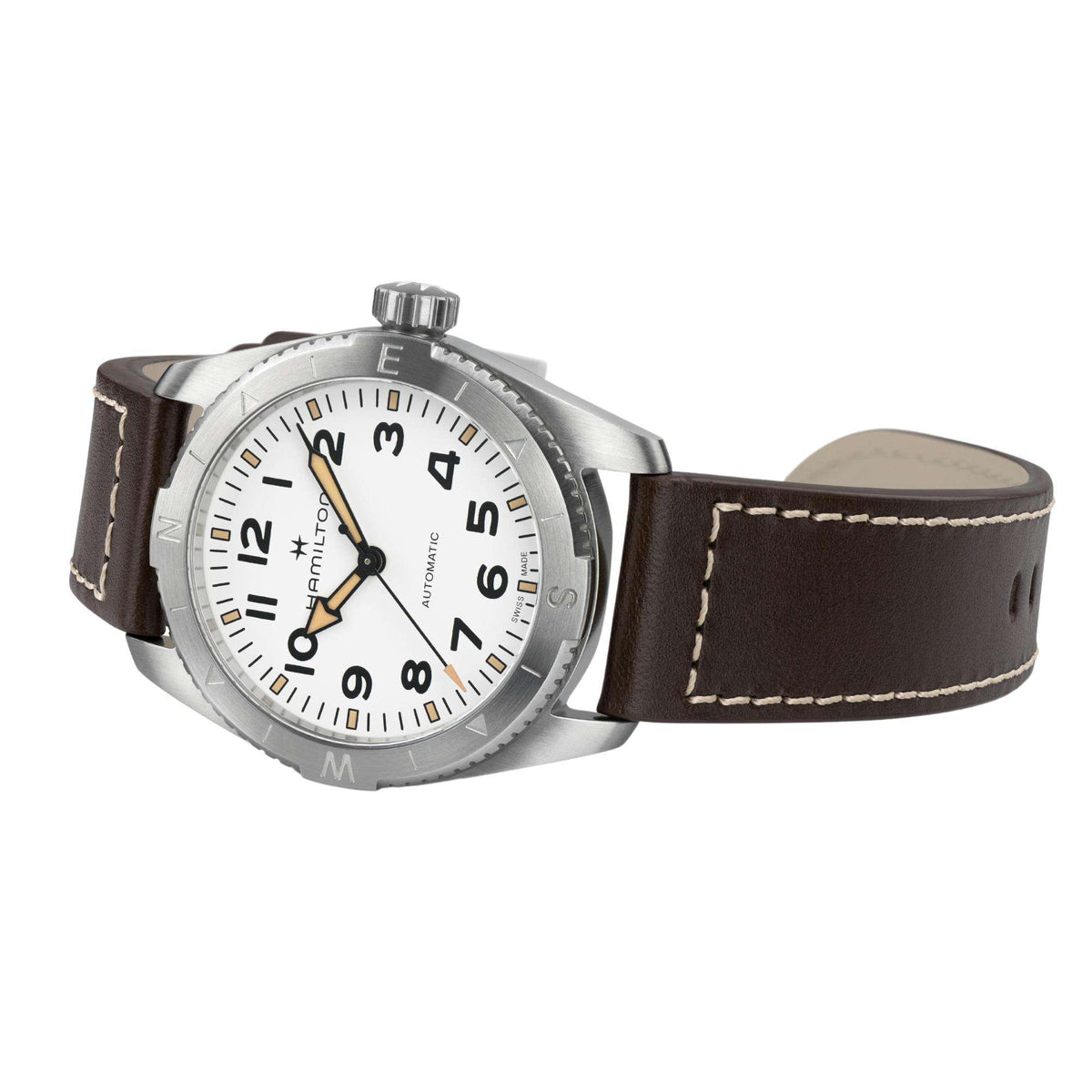 Automatic men's field watch with white dial and brown leather strap, stainless case